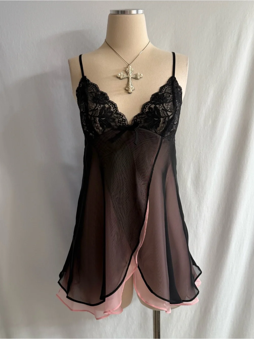 Y2K Sheer Pink & Black Slip Dress Set